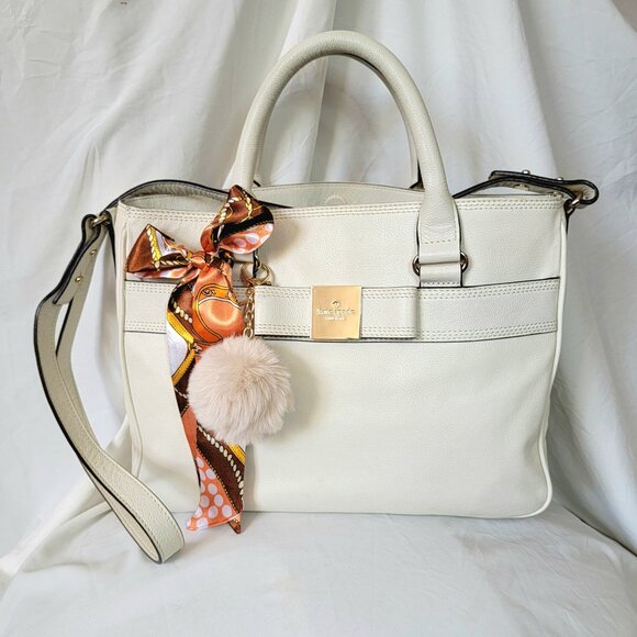 Kate Spade NY Cream Ivory Leather Shoulder Handbag, + Scarf/ Pompom, Non Smoking - Picture 1 of 14